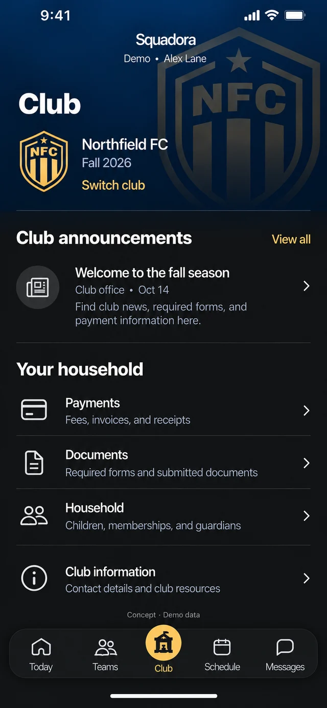 The club home in a club's navy and gold, with its crest and announcements.