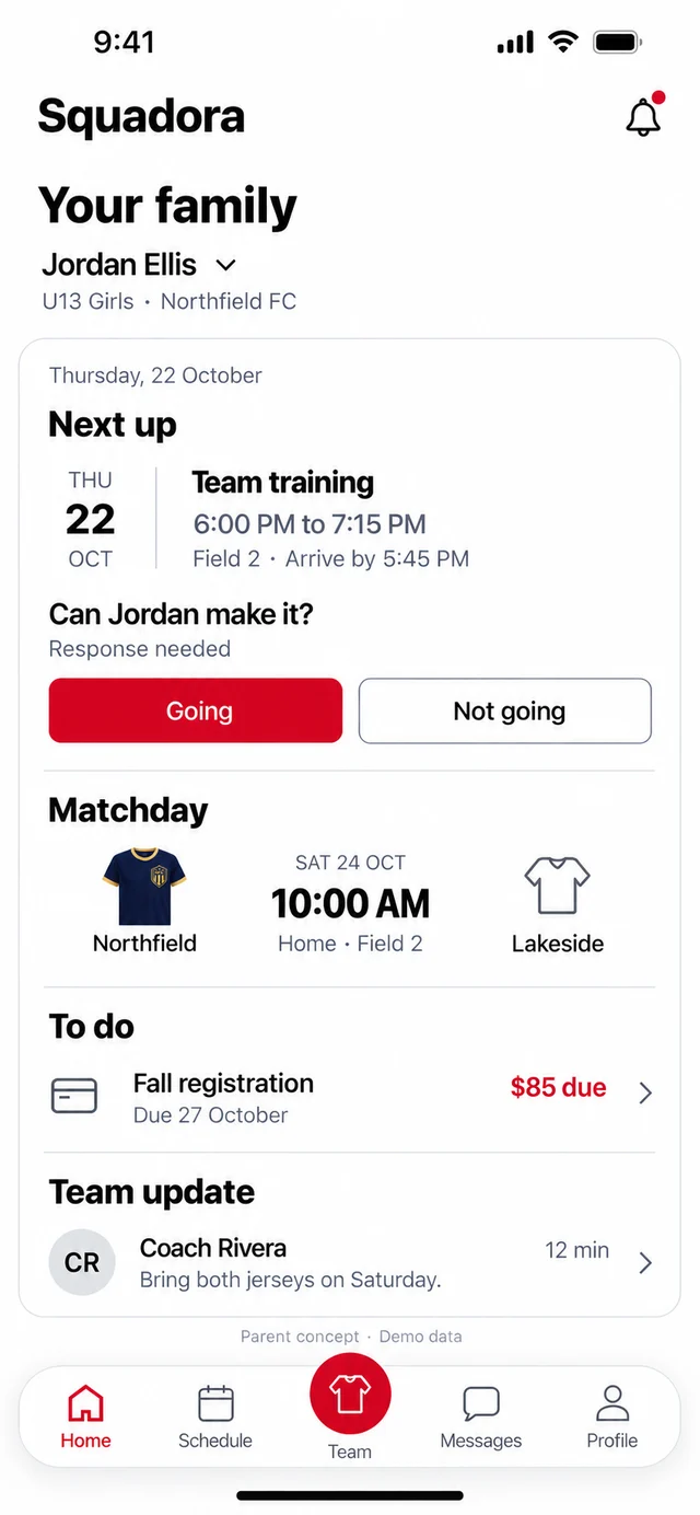 The Squadora family home screen on iPhone: next training, a one tap RSVP, the match, fees due and the latest team update.